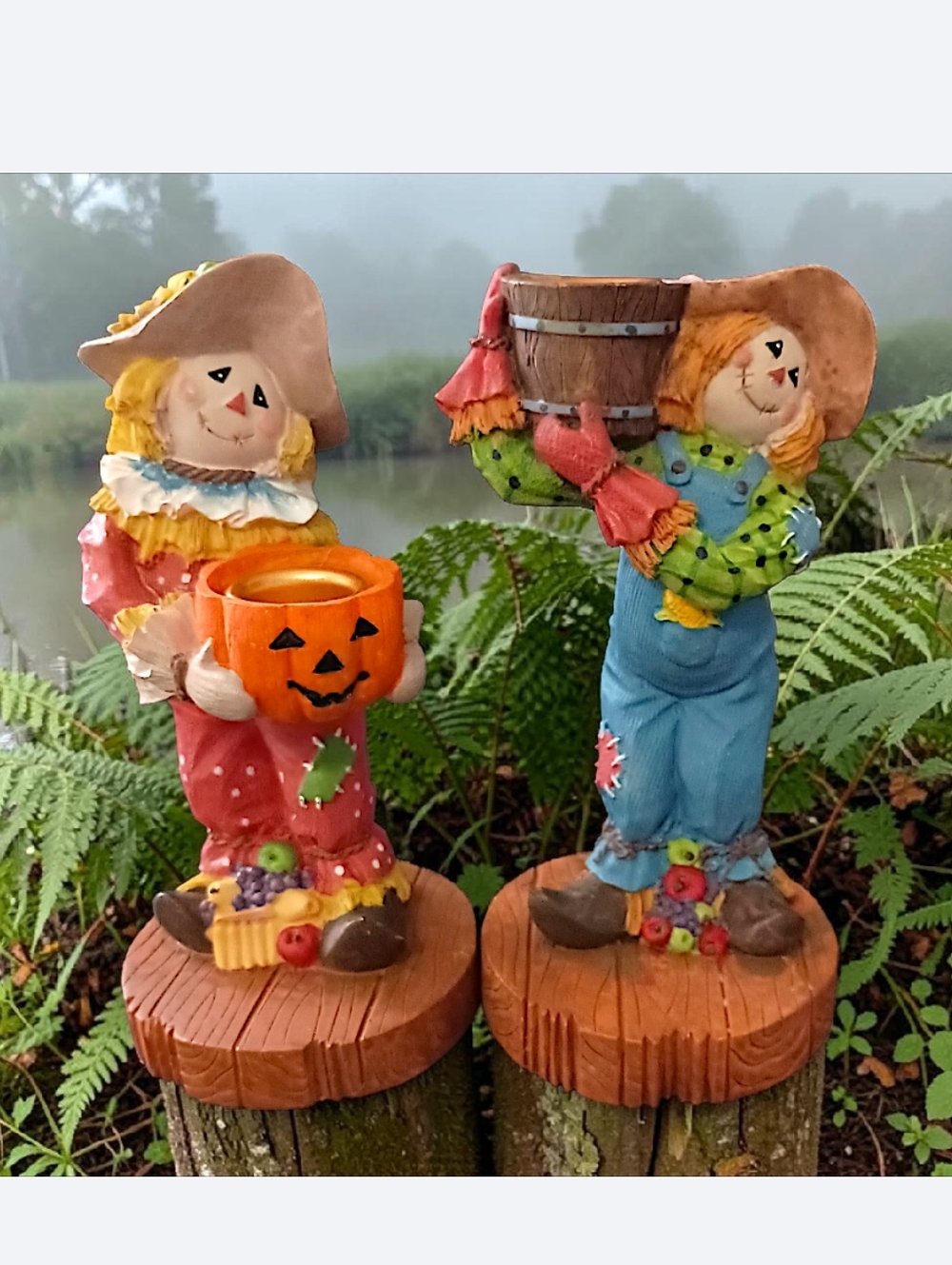 2 Vtg Scarecrow Candle Holders Resin Fall Thanksgiving Decor‎ Halloween Autumn